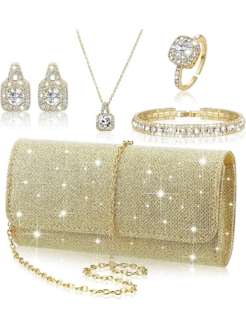 〽️Women Gold 5pc Rhinestone Jewelry Set Crystal Bride Wedding Prom Clutch Purse